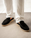 Men's classic suede slippers by FJØRNA featuring premium moccasin design with fur lining for men's comfort and style.