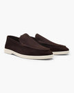 Men's elegant suede moccasin slippers by FJØRNA, featuring a refined design and soft leather material.