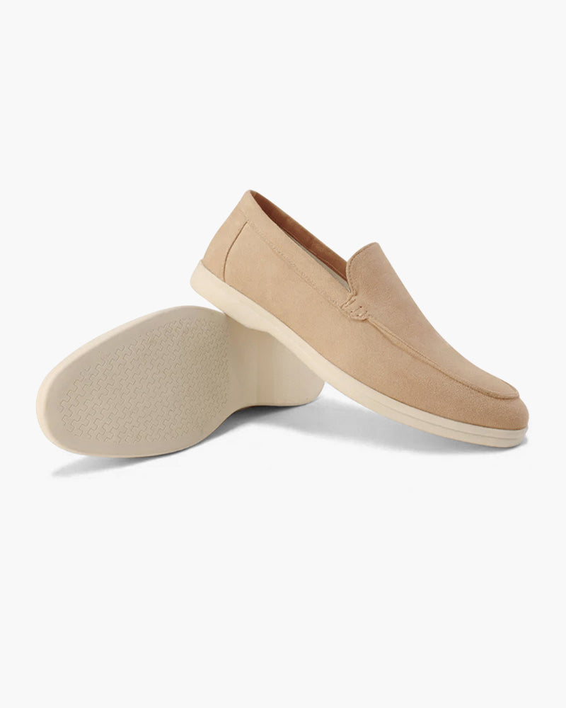 Men's suede moccasins with supportive insole, FJØRNA men's shoes, elegant design and comfortable fit in a close-up shot.