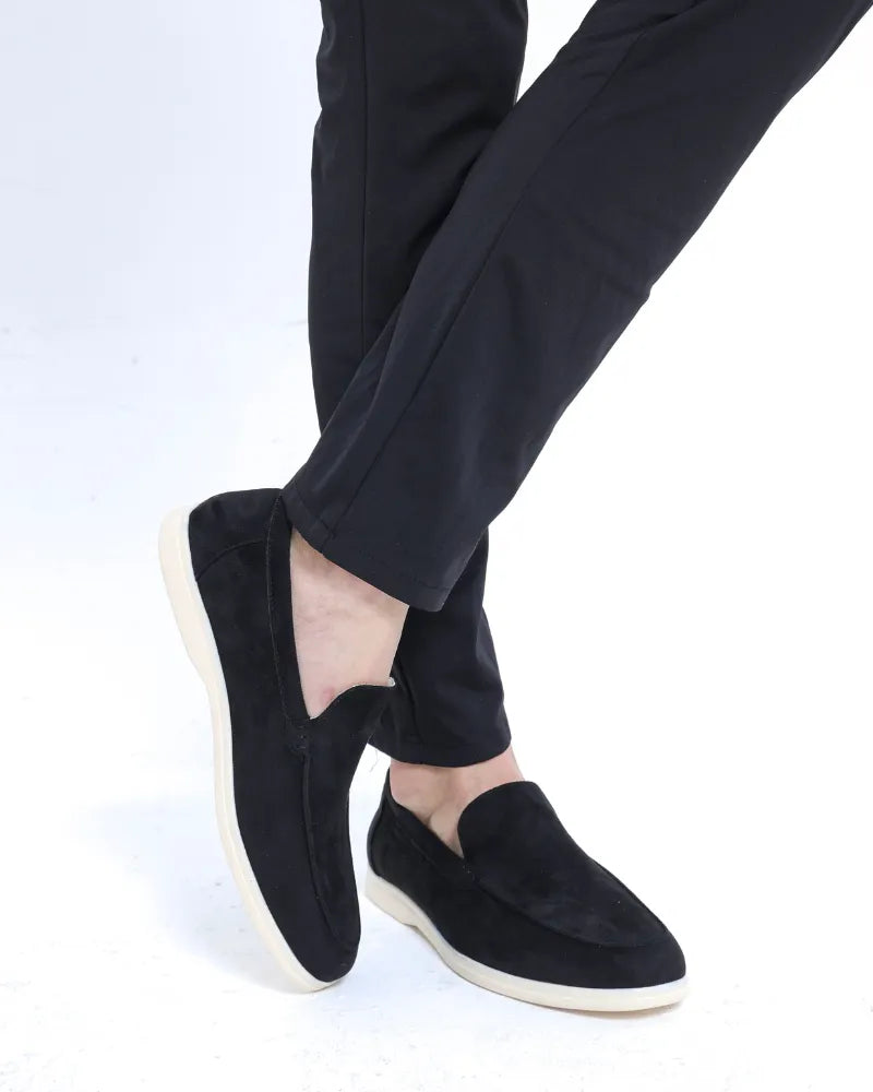 Men's suede moccasins with supportive insole by FJØRNA, showcasing elegant design and comfortable footwear for men.
