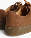 Men's suede slippers with rubber sole by FJØRNA, showing a close-up of the soft suede upper and durable sole for indoor wear