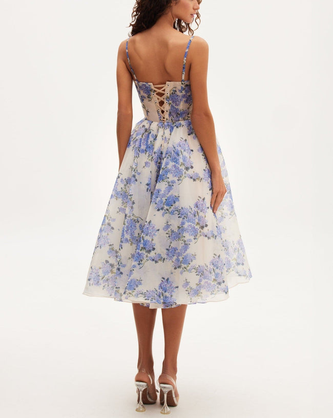 FJØRNA 2024SS halter print casual mini dress with hydrangea pattern, spaghetti straps, perfect for summer wear