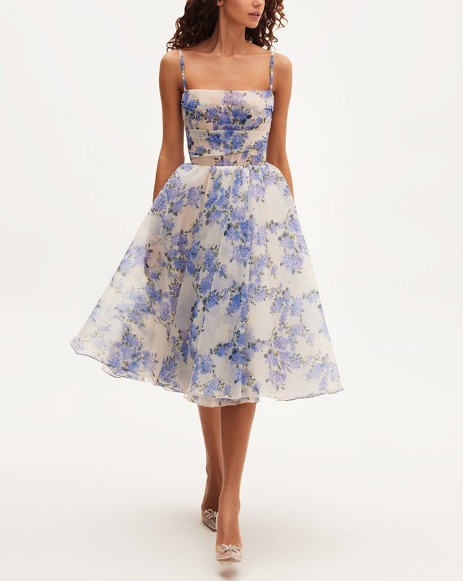 FJØRNA 2024ss halter print casual mini dress with hydrangea pattern and spaghetti straps, perfect for summer wear.