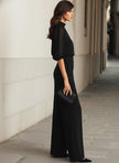 FJØRNA black chiffon top and wide-leg trousers three-piece pants set, featuring flowing fabric and elegant style.