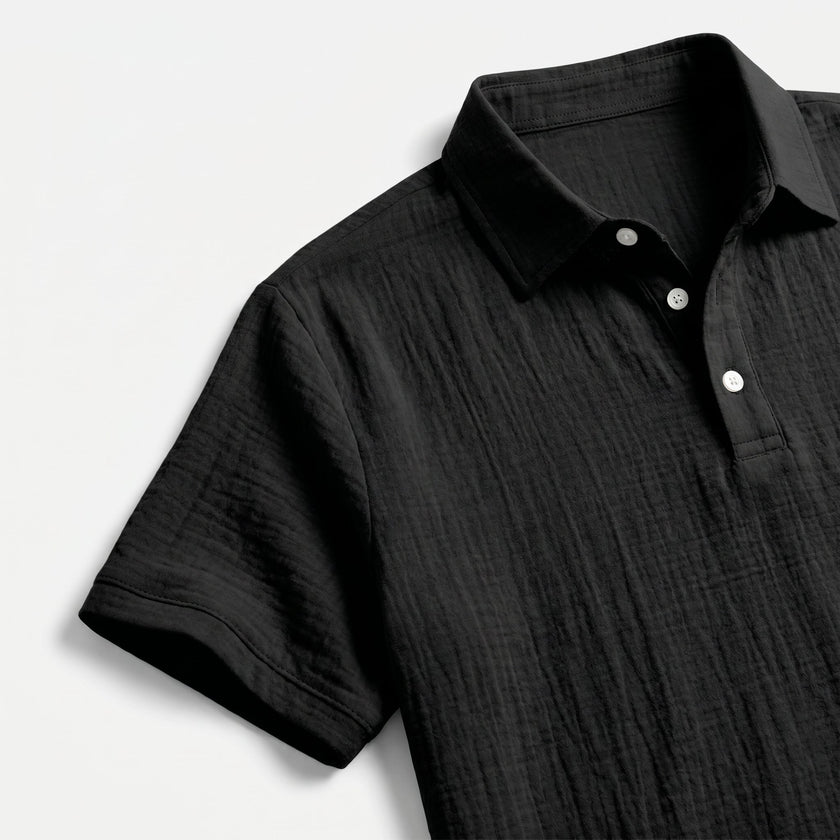 Men's linen short sleeve polo shirt and matching shorts set by FJØRNA, lightweight and casual for warm weather.