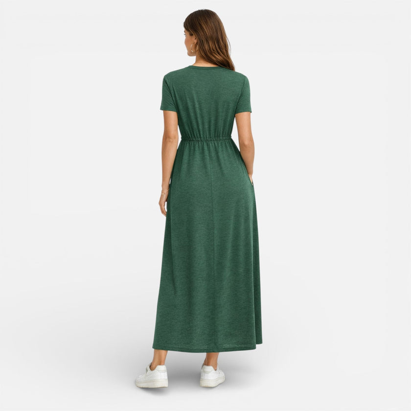 FJØRNA women's cotton maxi dress with short sleeves, comfortable and classic design, perfect for casual summer wear.