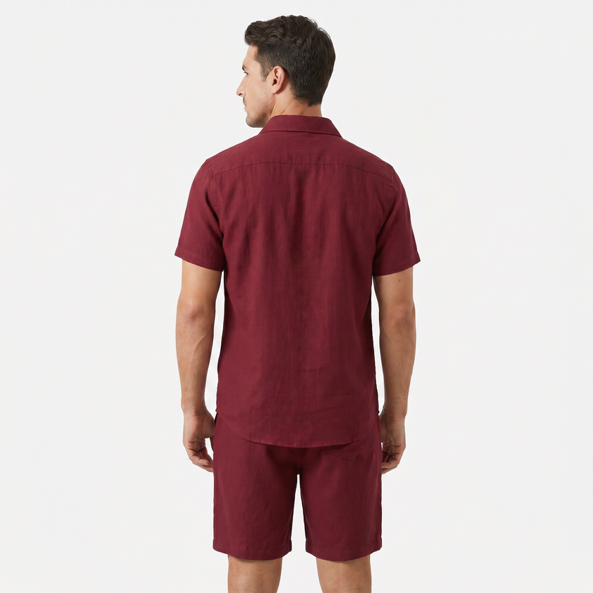 FJØRNA men's linen short sleeve button-up shirt and matching shorts two-piece set, lightweight and casual summer outfit.