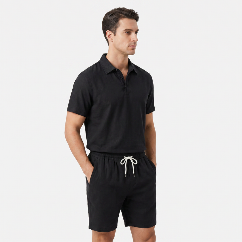 Men's linen short sleeve polo shirt and matching shorts set by FJØRNA, casual summer outfit with breathable fabric and stylish design.