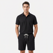 Men's linen short sleeve polo shirt and shorts set by FJØRNA, casual summer outfit with breathable fabric and stylish design.
