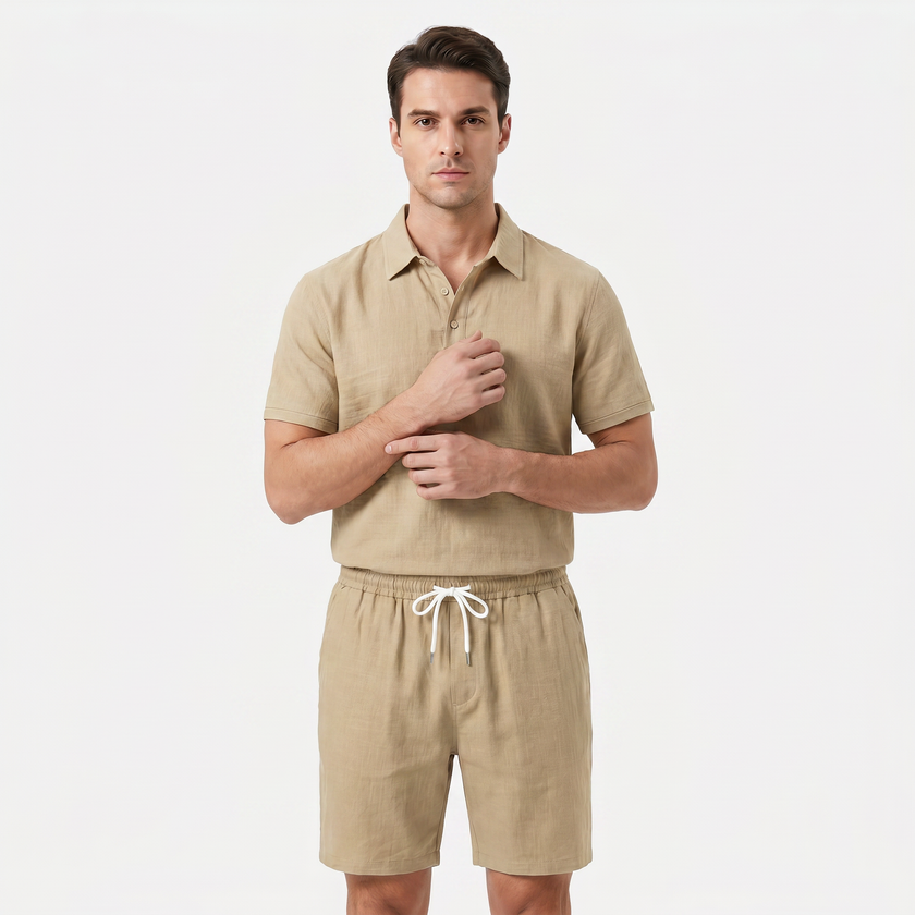 Men's linen short sleeve polo shirt and shorts set by FJØRNA, lightweight and stylish for warm weather, shown in a casual outdoor setting.
