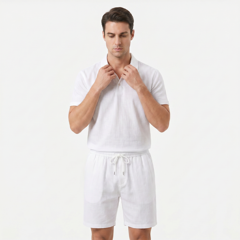 Men's linen short sleeve polo shirt and shorts set by FJØRNA, lightweight and breathable summer casual outfit.
