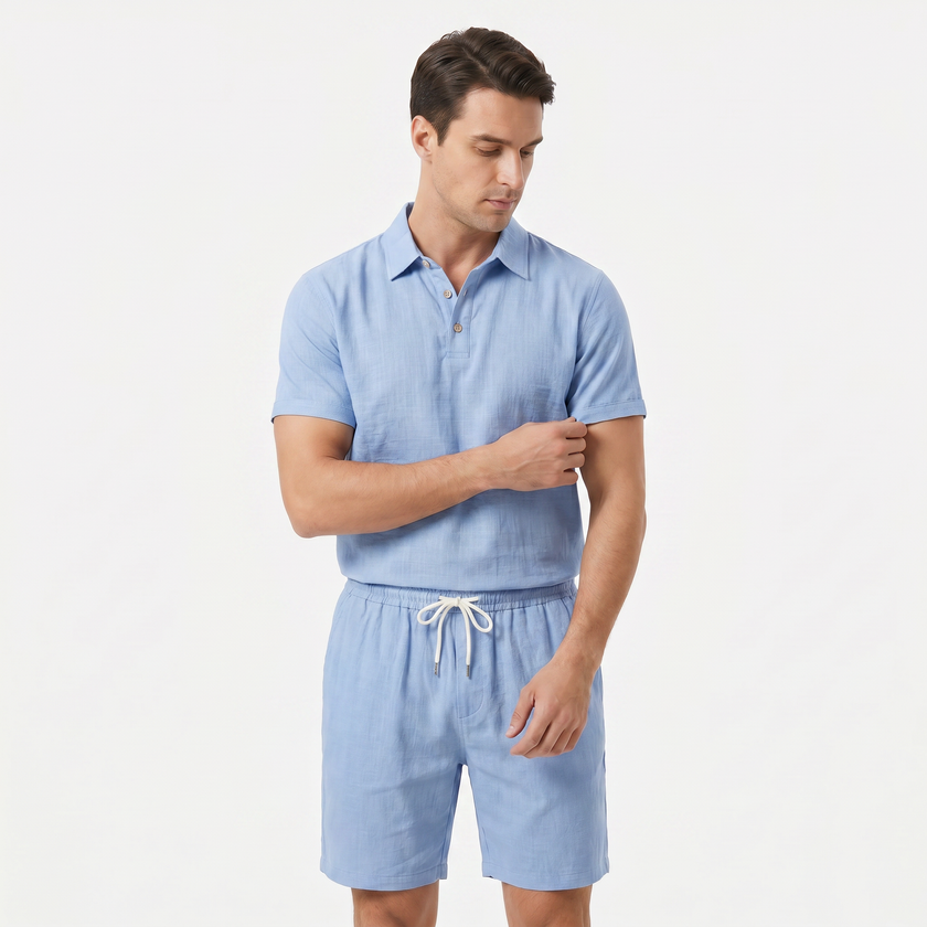 Men's linen short sleeve polo shirt and shorts set by FJØRNA, lightweight and breathable summer casual outfit.