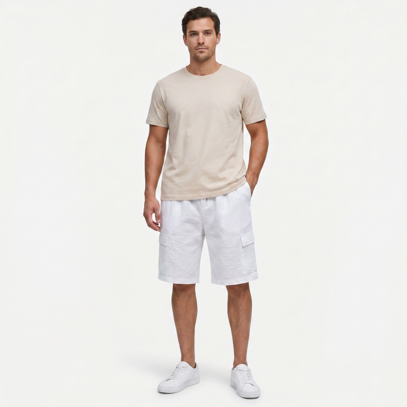 Men's linen cargo shorts with drawstring waist by FJØRNA, showing the lightweight fabric and casual fit.