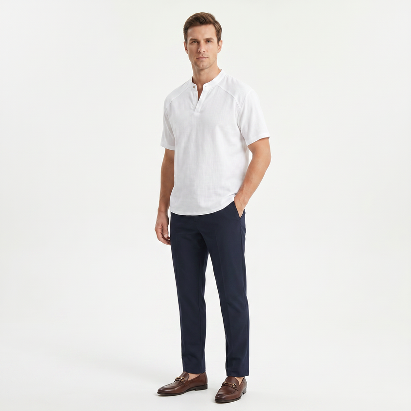 Men's linen short sleeve Henley T-shirt by FJØRNA, showcasing lightweight fabric and classic henley neckline in natural linen material.