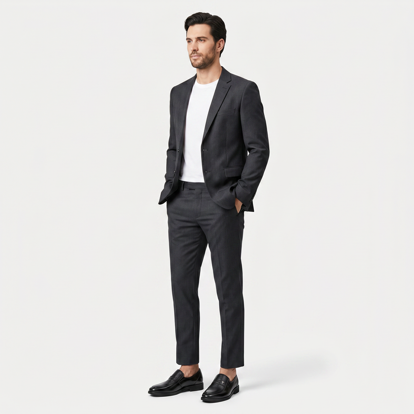 FJØRNA men's leather slip-on business loafers showing sleek black leather shoes with a smooth finish and comfortable design.