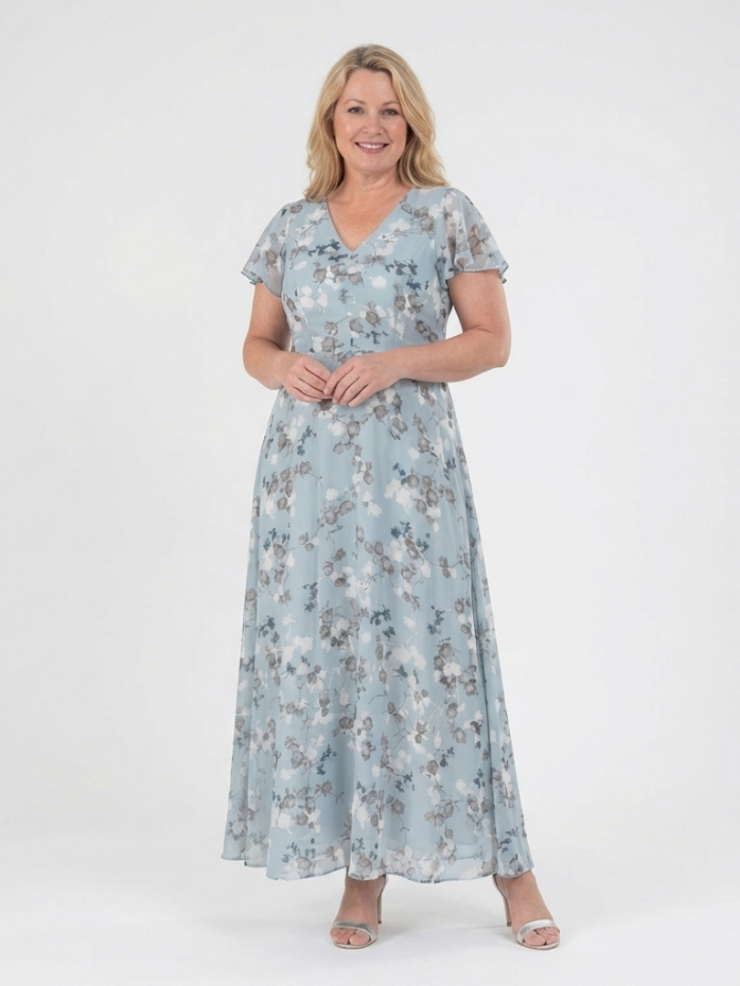 Floral chiffon summer maxi dress for women with flutter sleeves by FJØRNA, featuring a flowy, elegant design.