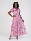 FJØRNA floral chiffon summer maxi dress for women with flutter sleeves, lightweight and flowy for warm weather.