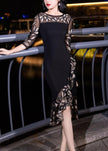 Black embroidered tulle patchwork fishtail dress by FJØRNA, featuring half-sleeves and intricate embroidery details.