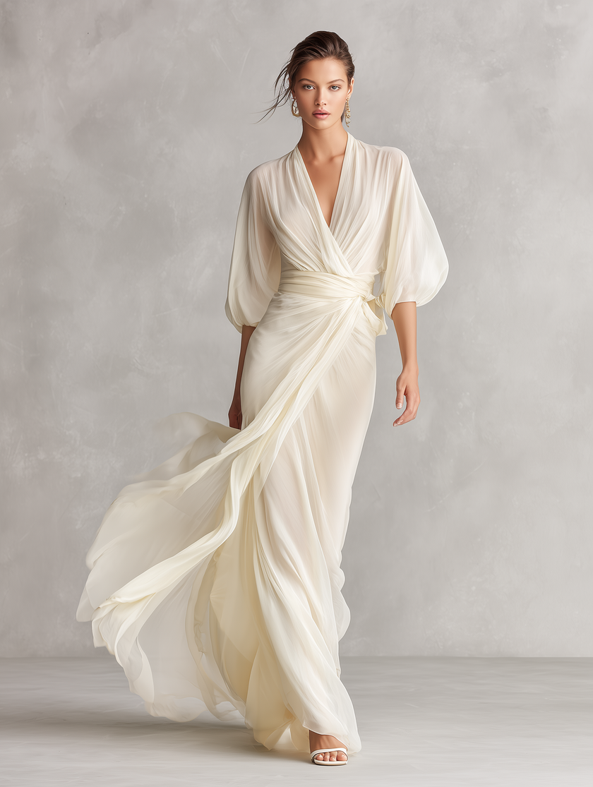 Ivory chiffon wrap dress for women by FJØRNA, flowing fabric with a flattering tie waist and elegant drape.