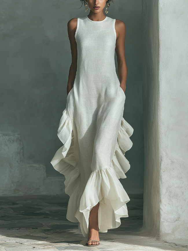 Ivory linen ruffle maxi dress for women by FJØRNA, flowing fabric with ruffle details, full-length dress with a relaxed fit