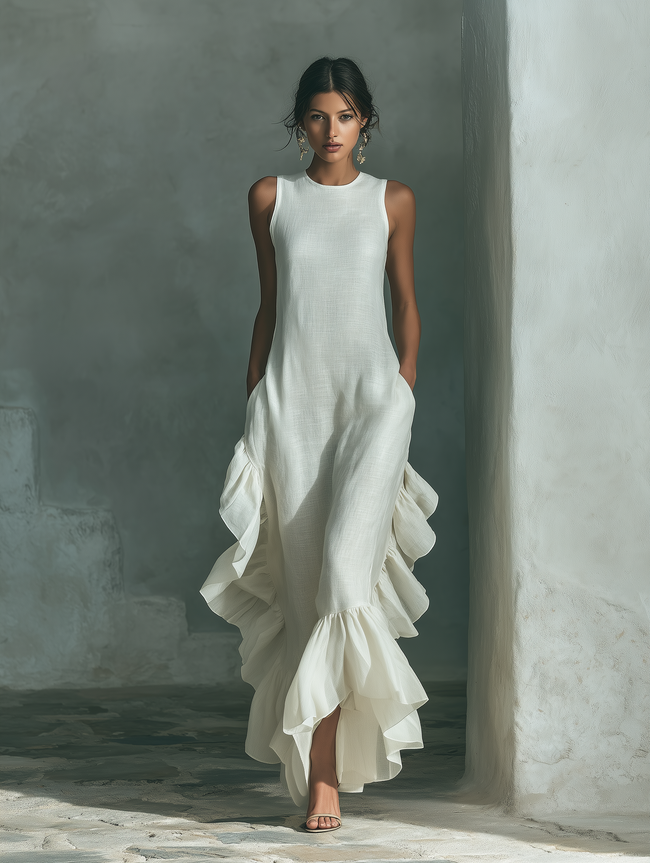 Ivory linen ruffle maxi dress for women by FJØRNA, featuring flowing fabric and ruffle details, perfect for elegant summer wear.