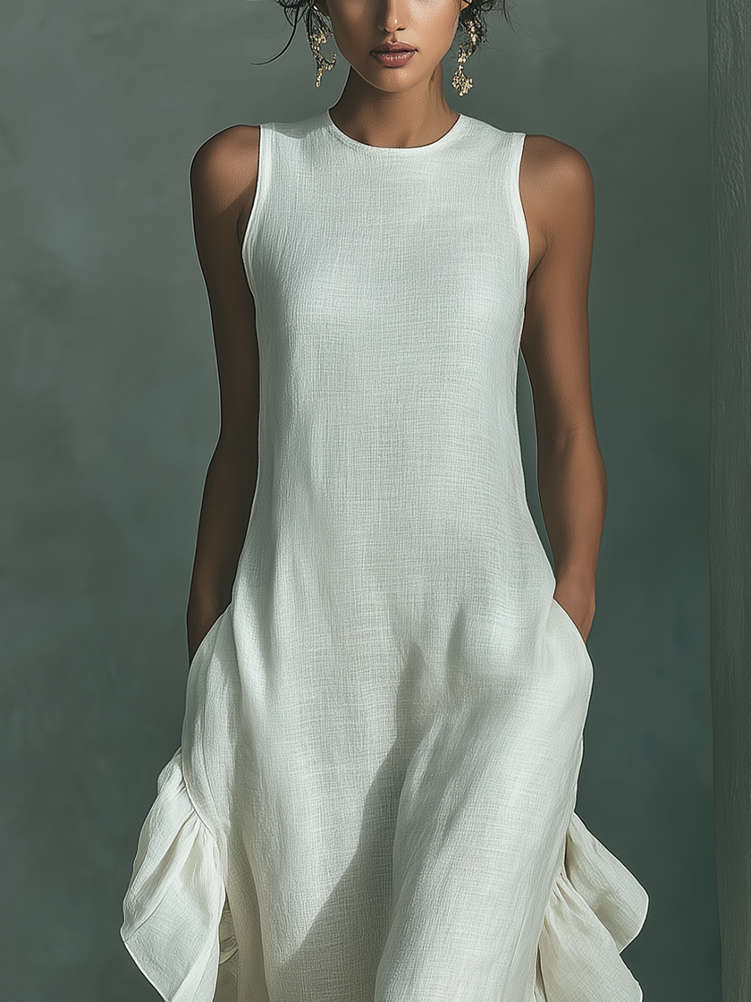 Ivory Linen Ruffle Maxi Dress For Women