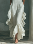 Ivory Linen Ruffle Maxi Dress For Women