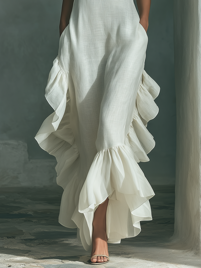 Ivory Linen Ruffle Maxi Dress For Women