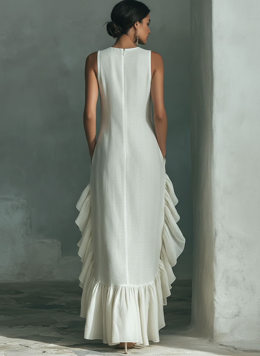 Ivory Linen Ruffle Maxi Dress For Women