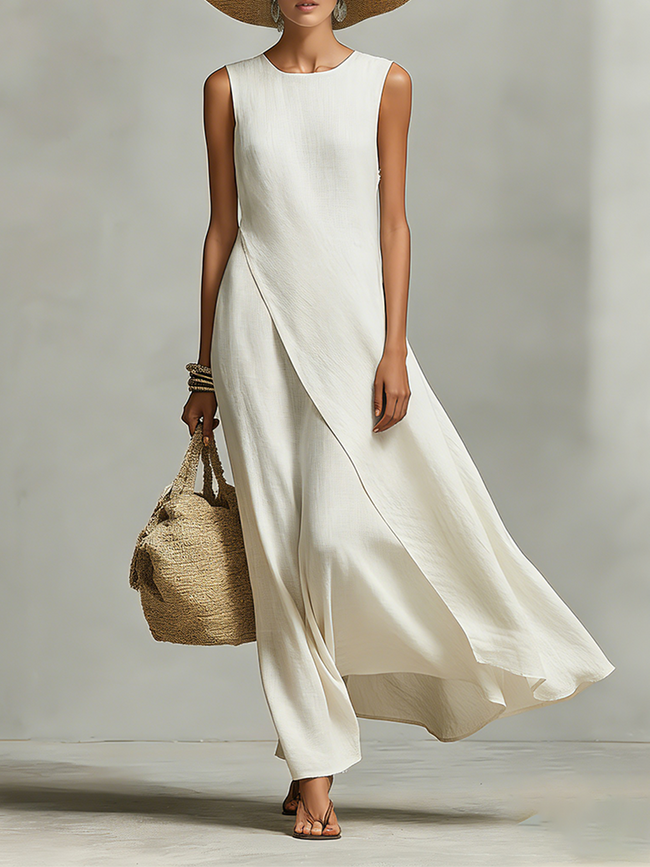 Ivory linen sleeveless mini dress by FJØRNA, casual dress with a relaxed fit, shown on a model with a simple background.