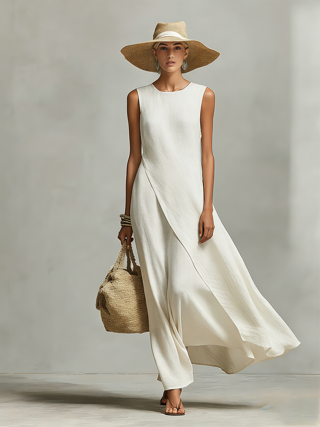 Ivory linen sleeveless mini dress by FJØRNA, casual dress with a relaxed fit, featuring a simple, elegant design and natural linen fabric.