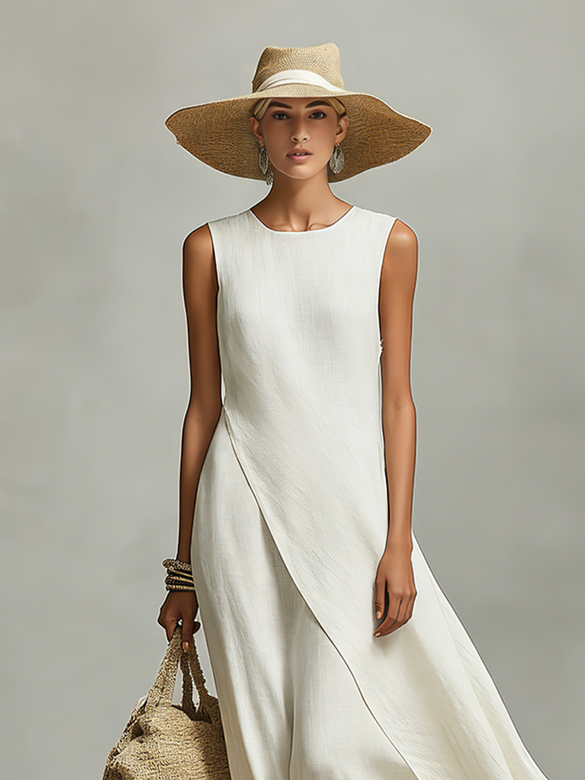 Ivory linen sleeveless mini dress by FJØRNA featuring a casual, relaxed fit with a simple, elegant design and lightweight fabric.