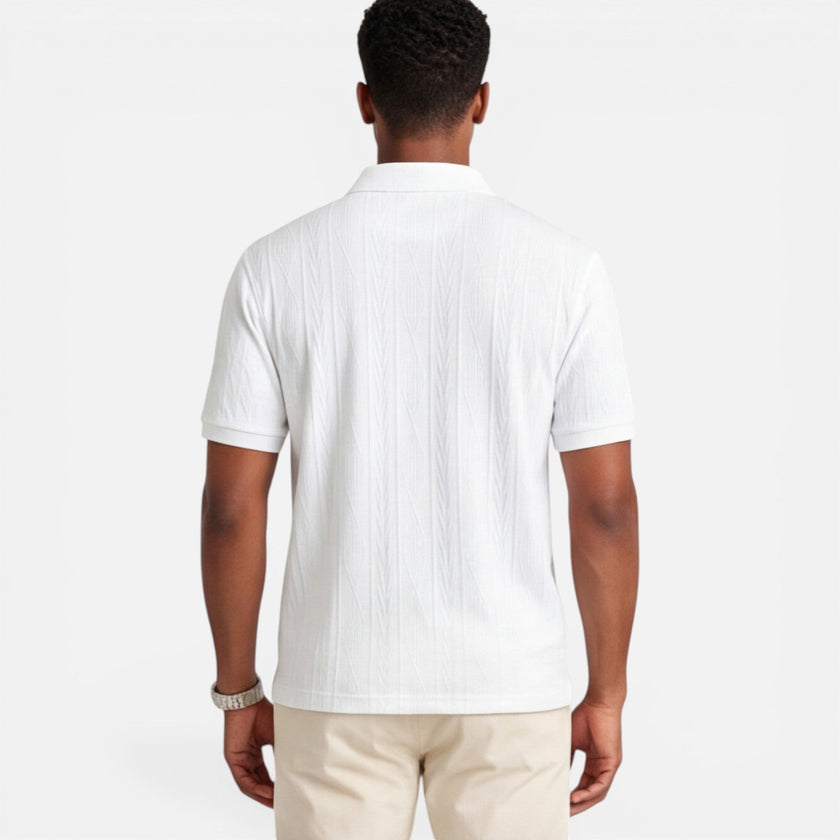 Men's FJØRNA Jacquard Knit Polo Shirt in breathable, slim fit design, ideal for casual summer wear, with detailed knit pattern.