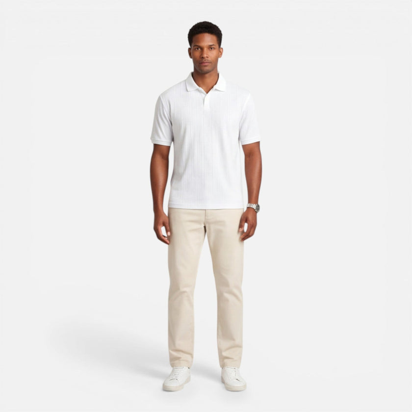Men's FJØRNA jacquard knit polo shirt, breathable slim fit casual shirt for men, showcasing detailed pattern and comfortable fabric.