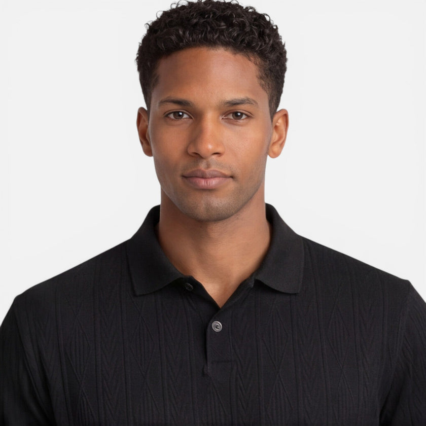 Men's breathable slim fit Jacquard knit polo shirt by FJØRNA, featuring a detailed pattern and casual summer style.