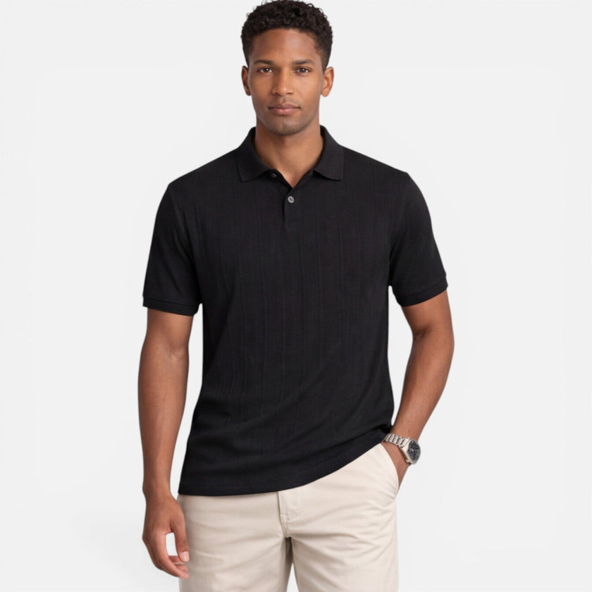 Men's breathable slim fit Jacquard knit polo shirt by FJØRNA, showcasing intricate pattern and casual summer style.