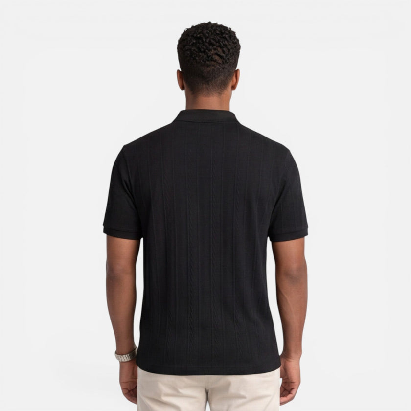 Men's FJØRNA jacquard knit polo shirt in breathable, slim fit casual style, shown in a summer-inspired design.