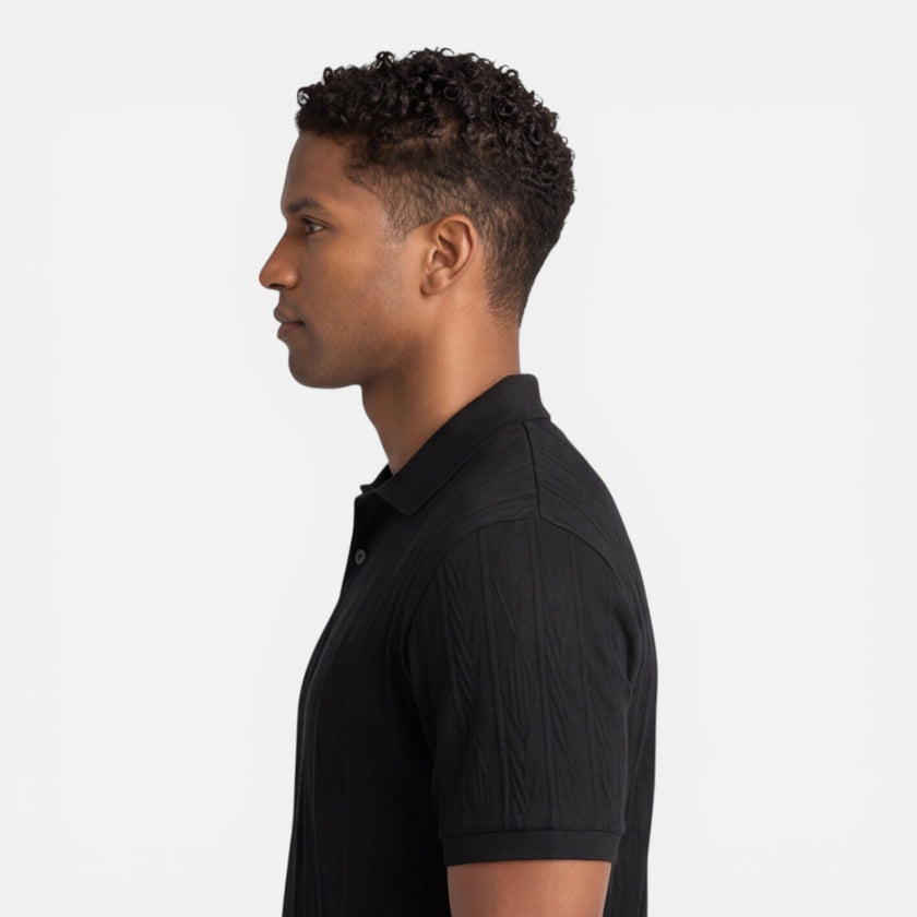 Men's FJØRNA jacquard knit polo shirt, breathable slim fit casual shirt for men, detailed pattern and comfortable fabric.