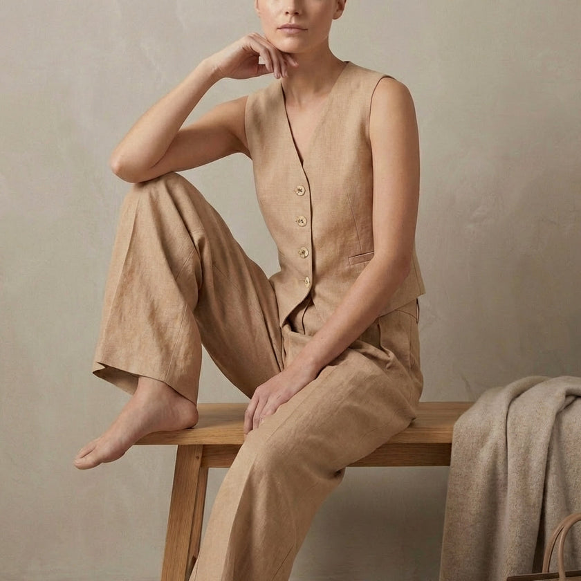 FJØRNA tailored linen sleeveless vest with high-waisted pleated trousers in khaki, stylish 2-piece set for a sophisticated look.