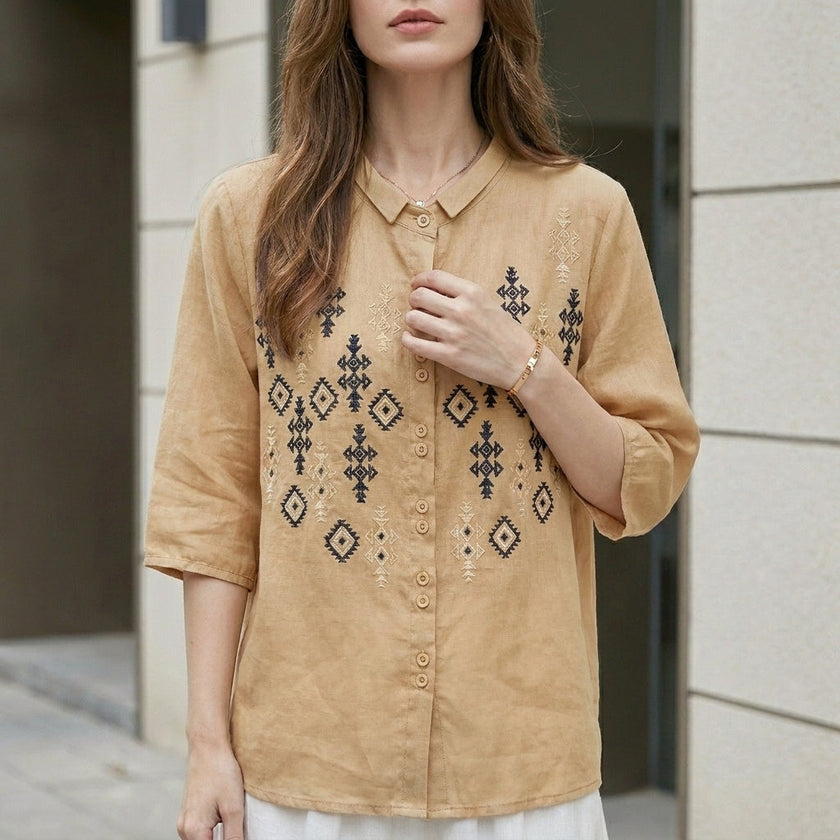 Khaki summer blouse for women by FJØRNA featuring a geometric button front and casual, stylish design.