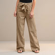 Khaki high waist summer trousers for women by FJØRNA, made of breathable cotton fabric, stylish and comfortable for warm weather.