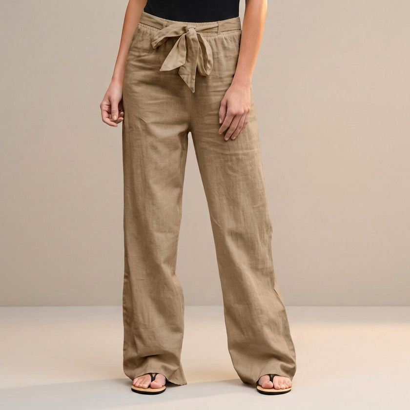 Khaki high waist summer trousers for women by FJØRNA, made of breathable cotton fabric, stylish and comfortable for warm weather.