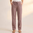 Khaki linen summer trousers for women with functional pockets, stylish and lightweight from FJØRNA.