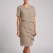 Khaki flowing tiered mini dress by FJØRNA with ruffled sheer sleeves and a relaxed, elegant fit.