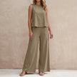FJØRNA sunlit sleeveless two-piece set with flowing wide-leg khaki pants and sleeveless top, perfect for warm-weather wear.