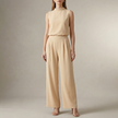 FJØRNA women's khaki two-piece set with high waist and high neck, featuring a stylish matching top and pants for elegant casual wear.