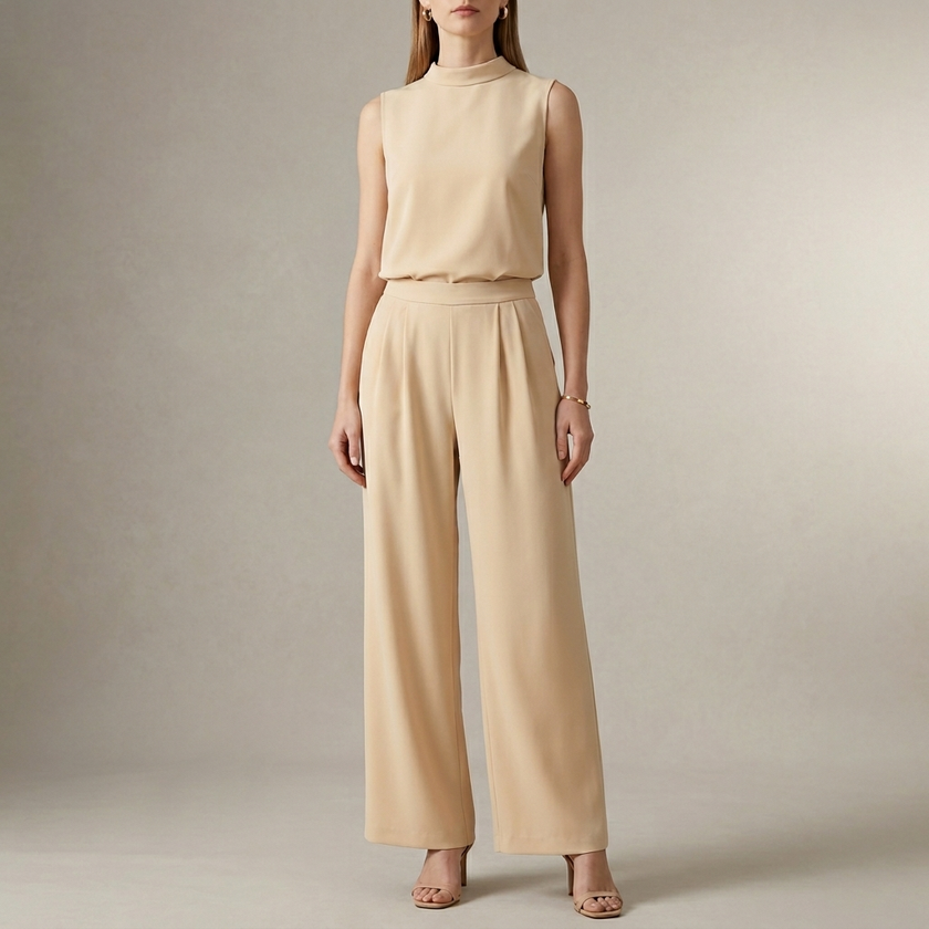 FJØRNA women's khaki two-piece set with high waist and high neck, featuring a stylish matching top and pants for elegant casual wear.