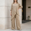 FJØRNA relaxed two-piece set with flowing wide-leg khaki pants and matching top, casual elegant loungewear ensemble