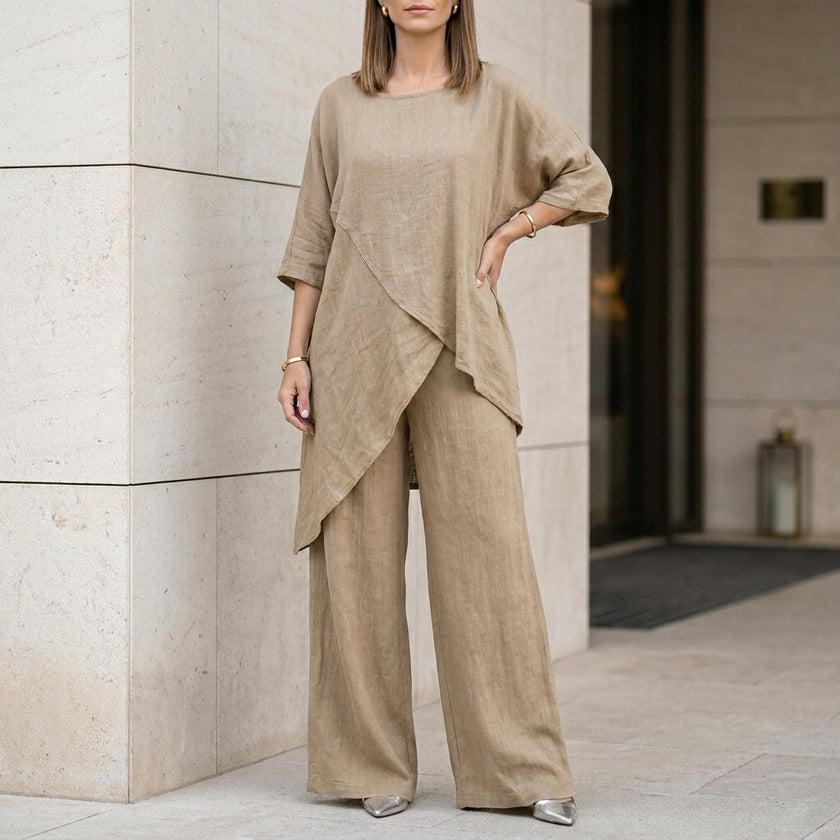 FJØRNA relaxed two-piece set with flowing wide-leg khaki pants and matching top, casual elegant loungewear ensemble