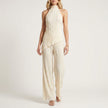 FJØRNA khaki pleated halter top and wide-leg pant set, stylish 2-piece outfit with a relaxed fit.
